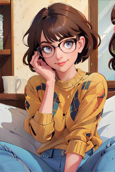 anime girl with glasses sitting on a bed with a cup of coffee