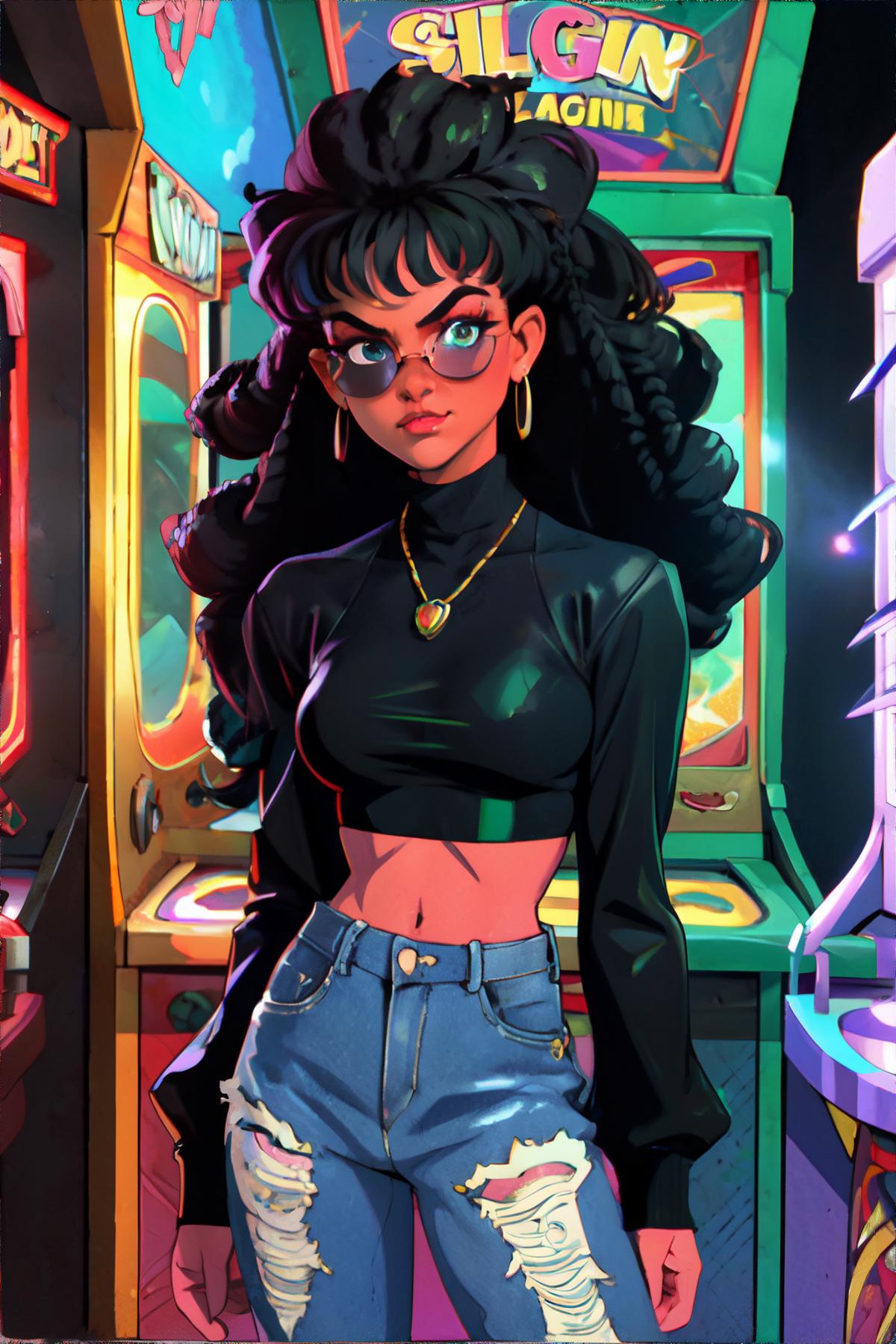 A cartoon image of a woman in a black top and jeans standing in front of a  video game machine - SeaArt AI