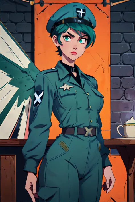 <lora:tomboy:1.0> tomboy woman, short emerald green hair, wearing American Women Airforce Service Pilots (WASP) Uniform: Santiago blue, dress uniform/coveralls, flight/garrison cap, insignia, pilot's wings, WWII, French Village, cobblestone streets, old-world architecture, quaint cafes, Nazi banners, checkpoints, masterpiece, 8k, high resolution, shallow depth of field, sharp focus