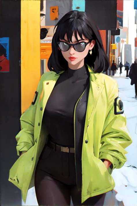 a close up of a woman in a green jacket and black pants