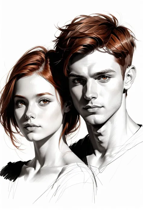 Portrait of a girl and boy, pencil sketch style, emphasize auburn hair, sharp cheekbones, squinting eyes, blend with soft shadow...