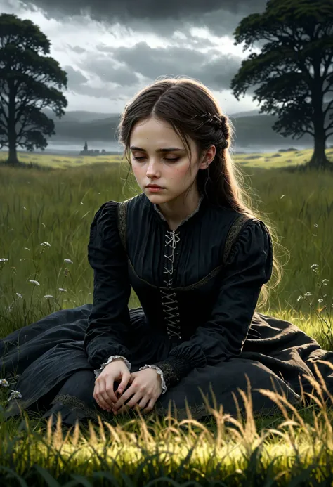 Melancholic girl on grass, underscore solitude, highlight contemplative gaze, delicate posture, blend with atmospheric detail th...
