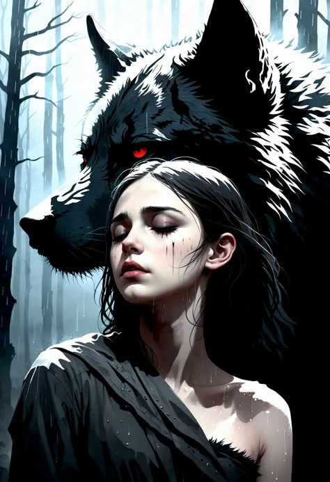 Young girl, flat chested, closed eyes, seeking refuge under large, dark wolf with depressing shadows, amidst foggy, rain-soaked ...