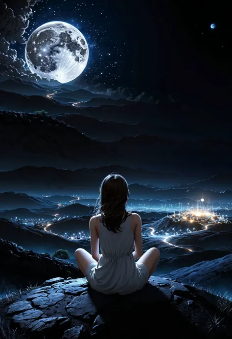 girl sitting on a small hill looking at night sky, fflix_dmatter, back view, distant exploding moon, nights darkness, intricate ...