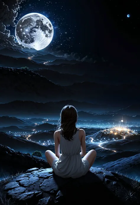 a woman sitting on a rock looking at the moon