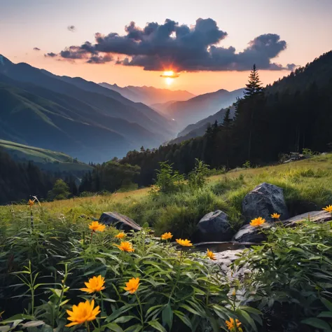 the sun setting behind mountains is just below clouds, outdoors, sky, cloud, tree, no_humans, cloudy_sky, nature, scenery, fores...