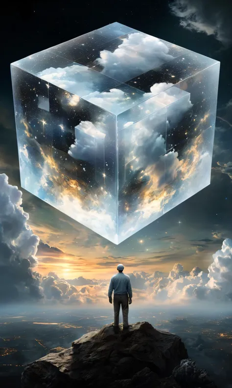 À la manière de Bosch, un cube translucide emprisonne des nuages étranges, the étoilesscape warps, le temps déforme, le surréalisme règne, étoiles, embrasé, Pétillant