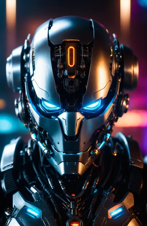 intricate cyberpunk robot,cyborg,colored light ball,glass metal helmet,glowing eyes,mechanical mask,exquisite face details,unreal abstract glare blur background,dark fantasy,dynamic lighting,halo,