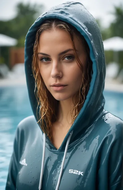 portrait of S298_MsFiiire,a beautiful woman,in a (pool:1.1),wearing a (hoodie),(wet-hair),(4k, RAW photo, best quality, depth of...