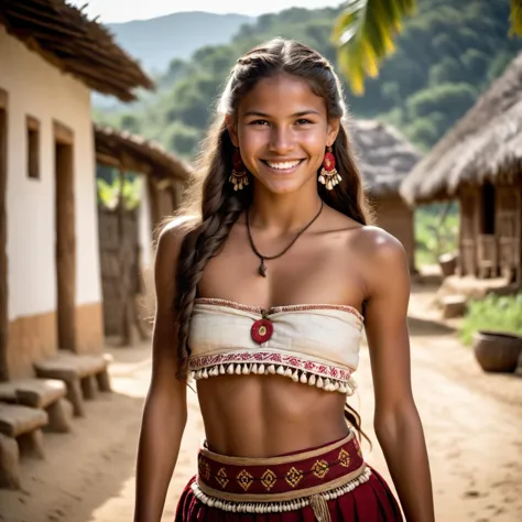 cinematic film still 

Full body shot,photo of a 19 year old columbian woman, outside local village,fully dressed in traditional...