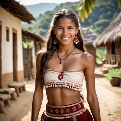 foto de filme cinematográfico Foto de corpo inteiro,foto de uma mulher colombiana, fora da aldeia local,completamente vestido com roupas tradicionais,Altamente detalhado skin with hair,  sorriso perfeito sorriso,ajustar,abdômen,luz brilhante,sombras duras

, profundidade superficial de campo, vinheta, Altamente detalhado, filme de Hollywood de alto orçamento, cinemascópio, temperamental, épico, maravilhoso, 