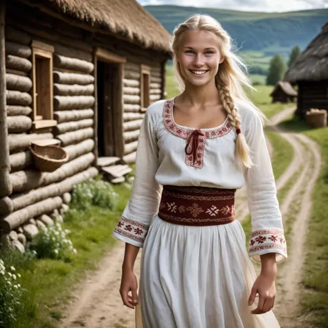 arafed woman in a white dress standing in front of a log cabin