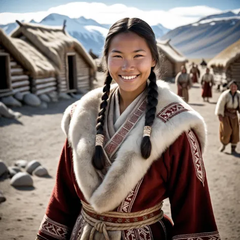 arafed woman in a red and white outfit standing in front of a group of people