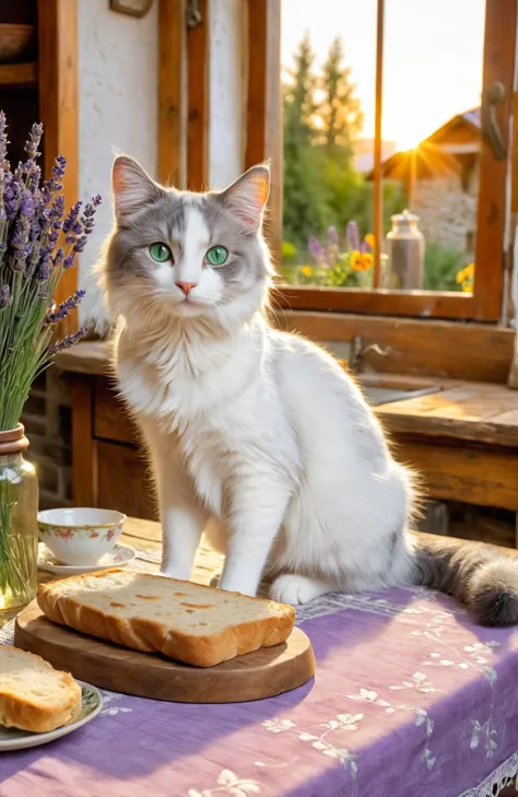 Cena pitoresca de um gato branco e cinza sobre uma mesa rústica, em uma cozinha pitoresca com vista para o jardim, Estilo de pintura Rockwell, os curiosos olhos verde-esmeralda do gato, brilho dourado do pôr do sol, aroma de pão fresco e lavanda, toalha de mesa antiga, cauda fofa enrolada em volta do corpo