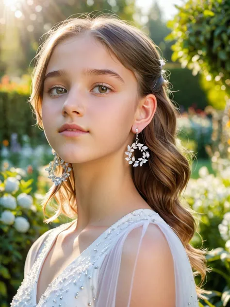 A closeup shot of a beautiful teenage girl in a white dress wearing small silver earrings in the garden, under the soft morning ...