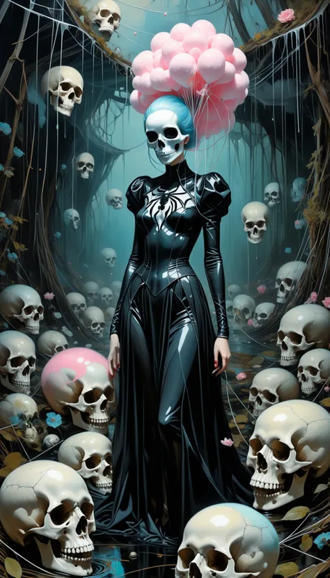 a woman in a black dress standing in front of a bunch of skulls