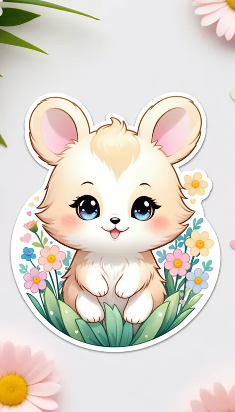 Sticker of a cute, round little animal with big, sparkling eyes and a gentle smile on its face. It has soft, pastel-colored fur. The small critter is surrounded by dainty, heart-shaped flowers in complementary pastel shades, adding to the sticker's overall charm.The white background provides the perfect canvas for this adorable creature, allowing its pastel features to pop and catch the eye. The sticker design exudes a warm and playful energy, making it an endearing addition to any item it adorns.