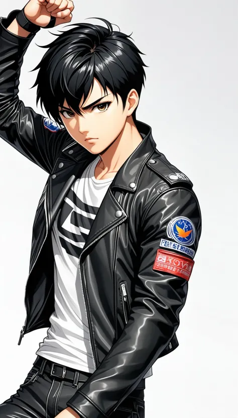 1boy, black hair, white background, short cut hair, leather jacket, tshirt, upper body, detailed shape, detailed line, art of fi...