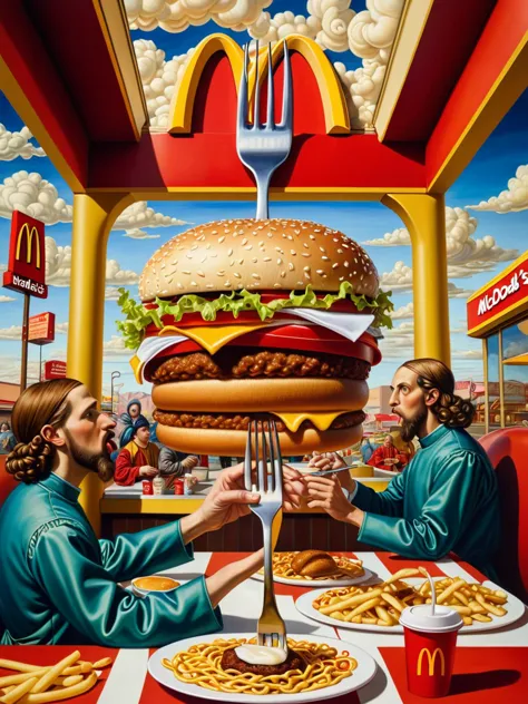 Fabric fork in a surreal McDonald's setting, renaissance artists painting it with intricate detail, hyperrealistic representation of the scene.