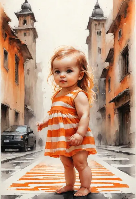 painting of a little girl in an orange dress standing on a crosswalk