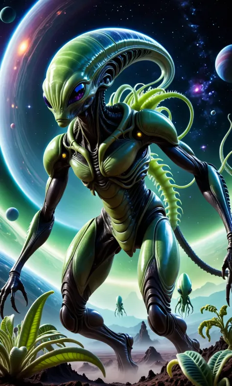 Alien creature with multiple appendages and unique sensory abilities, Absorbs nutrients from atmosphere or star energy, Home planet with exotic gases and bioluminescent plants, Cinematic art style emphasizing alien environment, Panoramic shot showcasing lifes diversity in universe.