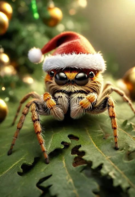 A friendly spider wearing christmas hat, highly realistic, highly detailed, 8k