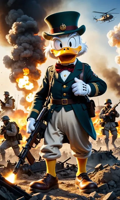 Military Scrooge McDuck, brandishing firepower, highlight wealth obsession, resilience, combat readiness, infuse with atmospheri...
