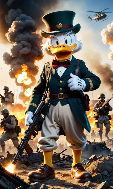 Military Scrooge McDuck, brandishing firepower, highlight wealth obsession, resilience, combat readiness, infuse with atmospheric detail  billowing dust, sunsets last rays at wartorn battlefield, conclude with an actionpacked vibe, in the style of graphic war novels.