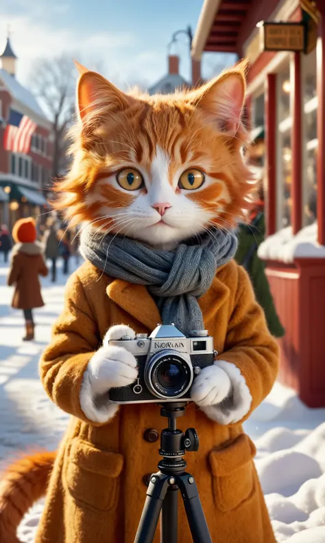 Gato fotógrafo  criança, combinar realismo com um toque de capricho, destaque o pelo ruivo, proeza da câmera, inocência infantil, adicionar detalhes atmosféricos  ar de inverno fresco, luz suave da tarde em uma praça movimentada, terminar com um sentimento de Norman Rockwell, na linha da América idílica.