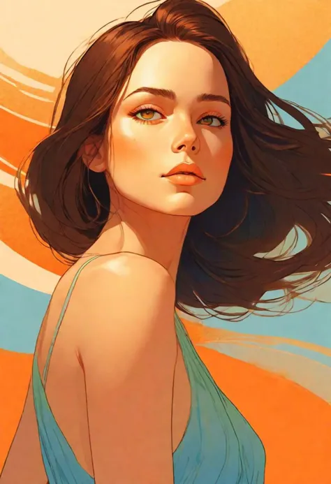 Minimalist illustration, a beautiful woman, gorgeous hazel eyes with a hint of green staring at the viewer, muse of the arts, dancing linework, resonating with a secret tune, orange blue gradient background, highly detailed, deep darks, high contrast, masterpiece, 8k, French vibe, art by Hayao Miyazaki AND Phil Noto