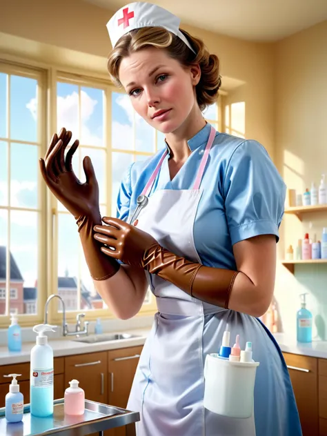 European nurse with cloudy liquid, captured in photorealistic style, highlights strict emotions, dynamic pose, brown rubber glov...
