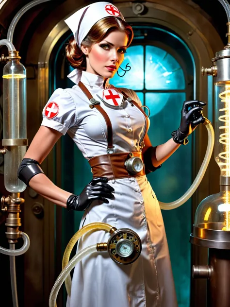 Steampunk nurse, European elegance, gripping sparkling measure glass, other hand clasps ribbed hose, poised in dynamic stance, stern gaze, adorned in vintage medical attire with headscarf, rubber apron, long gloves, enriched by cinematic light, in an elder medical chamber, akin to a scene from a retrofuturistic graphic novel.