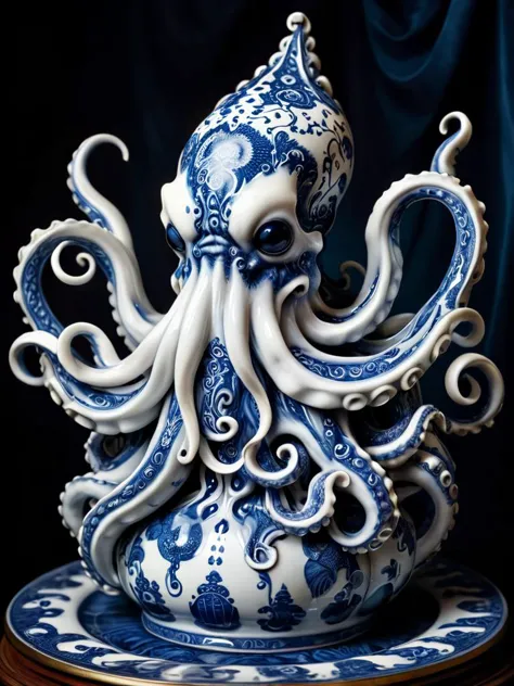 award winning photograph of a kraken with slimy tentacles made of blue and white porcelain in wonderland, magical, whimsical, fantasy art concept, steampunk, intricate details, best quality, masterpiece, ultra shartp, hyper realistic, realism <lora:PAseer-SDXL-Bï¼WPorcelain:0.8>