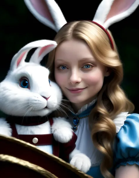 comic (full shot:1.5), a character from Lewis Carroll's book Alice in Wonderland. 1Mia Wasikowska as Alice Kingsleigh, 1White Rabbit. Hyperdetailed, analog style, detailed skin, matte skin, smiling eyes, soft lighting, subsurface scattering, realistic, heavy shadow, masterpiece, best quality, 8k, golden ratio, intricate, High Detail, film photography, ultra-sharp focus, realistic object structures   . graphic illustration, comic art, graphic novel art, vibrant, highly detailed