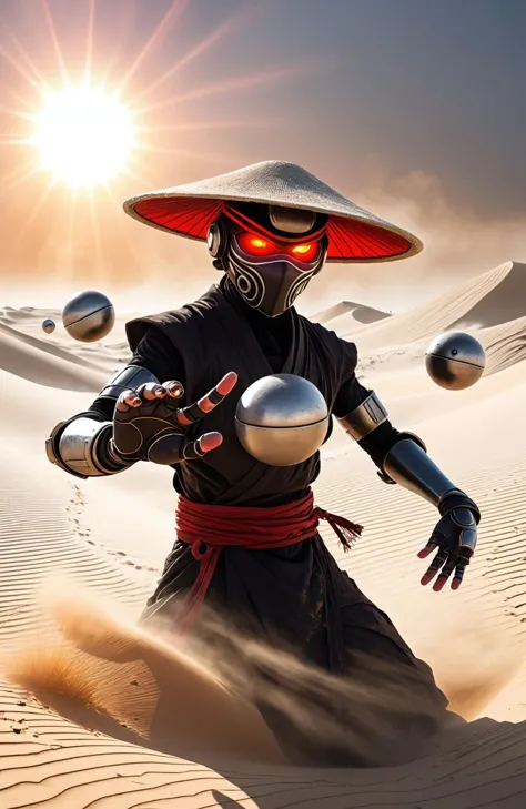 Capture the essence of a weathered, worn-out cyborg ninja amidst a swirling dust and electricity storm. Bent forward, obscured beneath a large, round sedge hat, their face barely visible. With arms outstretched, each hand holds a hovering, semi-molten red-gray orb. Against the backdrop of the sun, they stand in a desolate, bleached white sand desert.. spelling to ring like Pokemon Ball in each hand, casting two Pokemon Balls