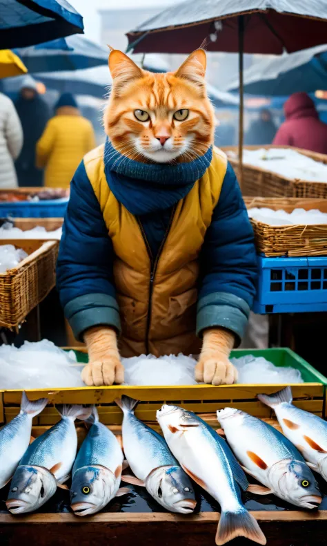 uma foto de um gato que vende peixe em um mercado, inverno, obra-prima premiada