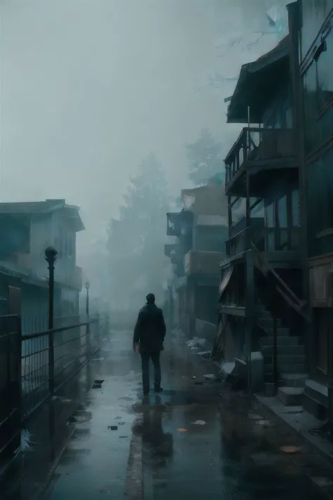 (a man walking alone in an abandoned village), silent hill, fog, mist, dark setting, very vivid lighting, detailed, (vibrant, photo realistic, realistic, sharp focus),