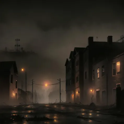 dark, misty, mining town, night time, view from street level, rot, decay, wet street, small american town, dense mist, hospital in the background, single story houses, American Mining Town, lone figure in foreground viewed from behind in foreground, school gates to the right, empty buildings, town center