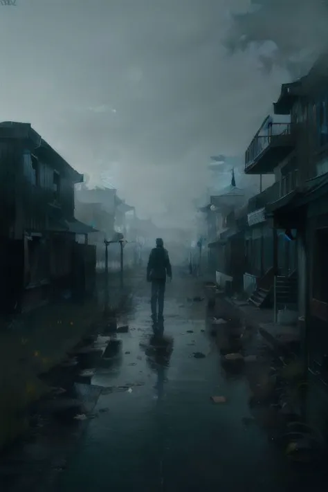 (a man walking alone in an abandoned village), silent hill, fog, mist, dark setting, very vivid lighting, detailed, (vibrant, photo realistic, realistic, sharp focus),