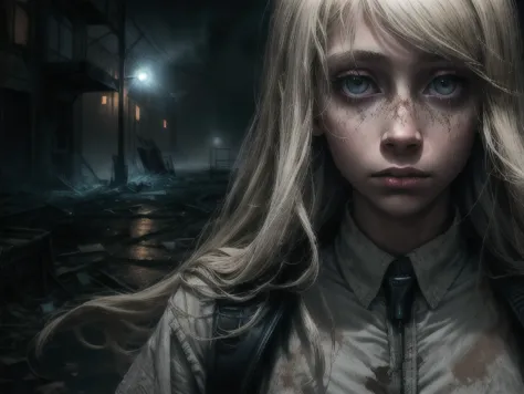 blond woman with blue eyes and a tie standing in a dark alley