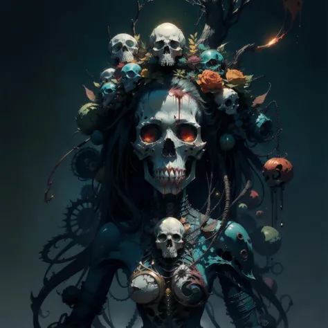 a woman with a skull head and flowers on her head