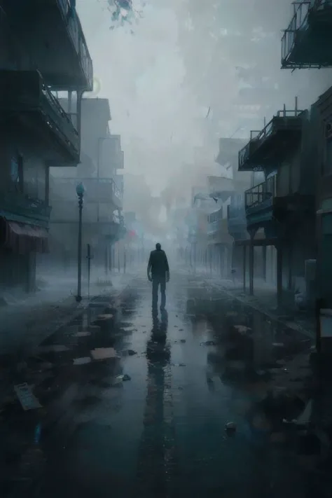 (a man walking alone in an abandoned village), silent hill, fog, mist, dark setting, very vivid lighting, detailed, (vibrant, photo realistic, realistic, sharp focus),