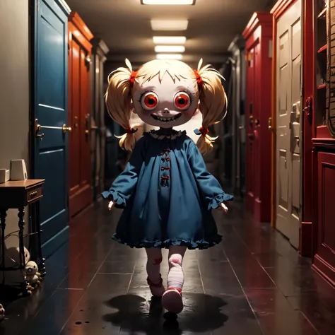 (analog horror), Adorable (6 foot tall giant felt puppet little girl, walking toward camera, chasing you in your nightmares, sta...