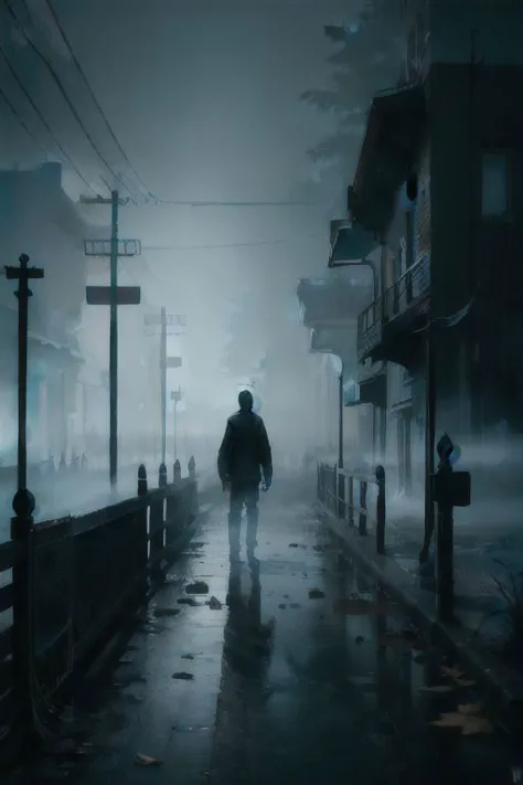 (a man walking alone in an abandoned village), silent hill, fog, mist, dark setting, very vivid lighting, detailed, (vibrant, photo realistic, realistic, sharp focus),