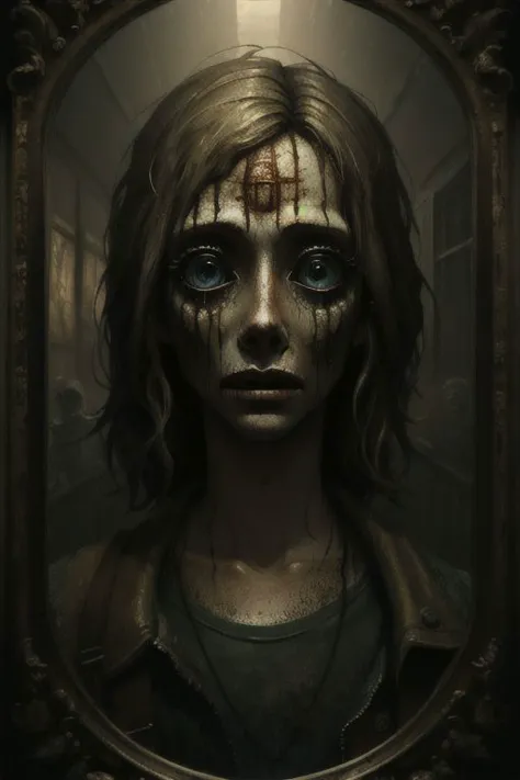 masterpiece, hd, award winning illustration of a scared Cheryl Mason (silent hill) in a mirror reflection, dust, rusty, intricat...