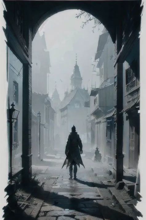 a man walking through an alley with a sword in his hand