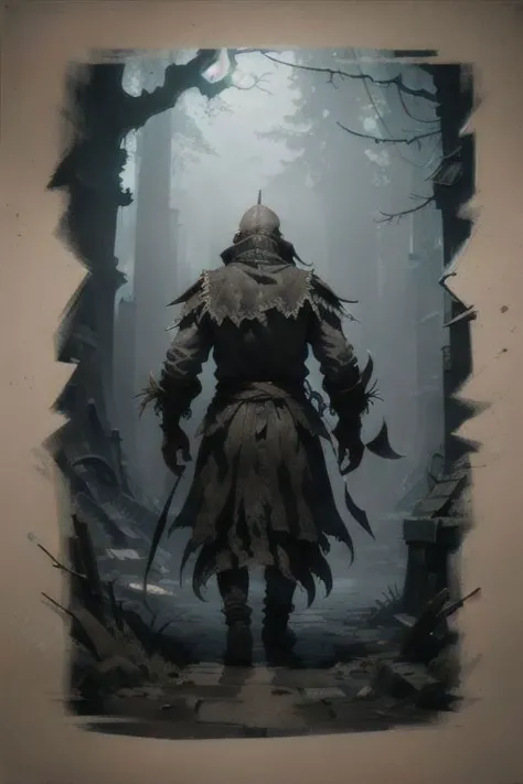 a painting of a man in a dark forest with a sword