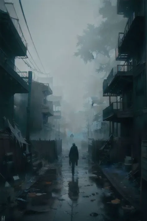 (a man walking alone in an abandoned village), silent hill, fog, mist, dark setting, very vivid lighting, detailed, (vibrant, photo realistic, realistic, sharp focus),