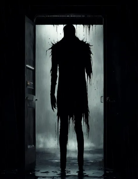 rain, solo, creature, male focus, door, dark, from behind, wet, horror (theme), gloves, night,  bag, letterboxed, outdoors, stan...