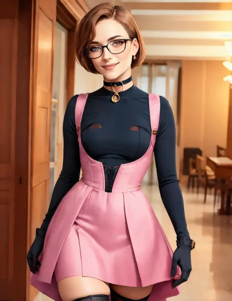 corset (dress:1.2),medium skirt,sexy, beautiful woman,thighhighs, gloves, thigh boots, choker, elbow gloves, choker, thighhigh stockings, indoor,cowboy shot,pink dress, best quality, highly detailed, masterpiece, absurdres,8k, (detailed eyes, deep eyes),photorealistic, realistic,detailed skin texture, detailed pupils,HDR,natural lighting, 1woman,solo,(happy:1.1),(smile:1.2),glasses,shorthair,  hfashion outfit   <lora:hfashionv3:1>